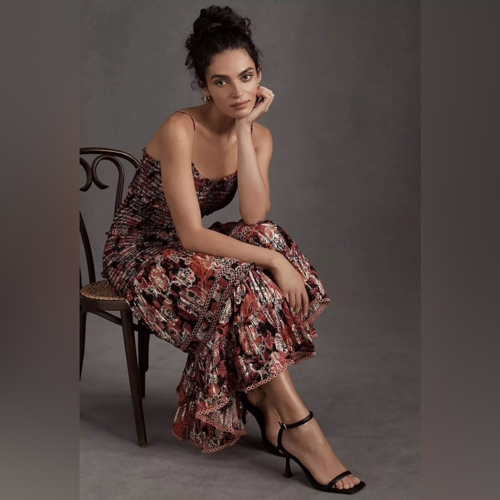 NWT Anthro BHLDN Hemant & Nandita Shirred Metallic Floral Tier Dress Revolve L - Picture 5 of 10